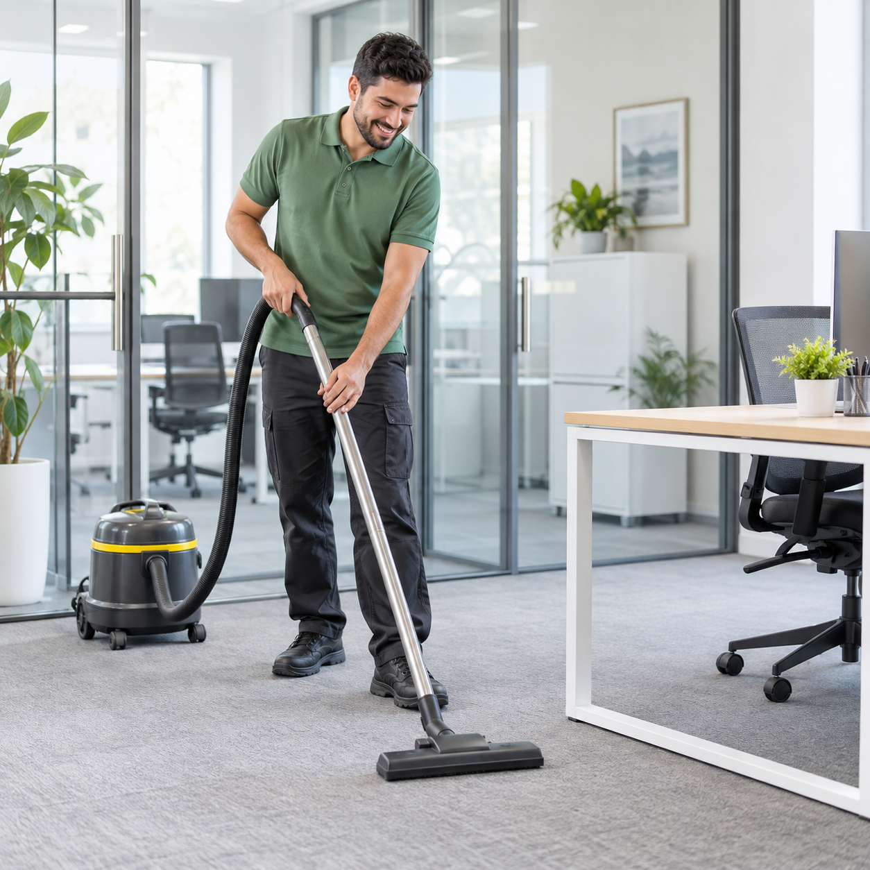 A cleaner vacuuming a bright office